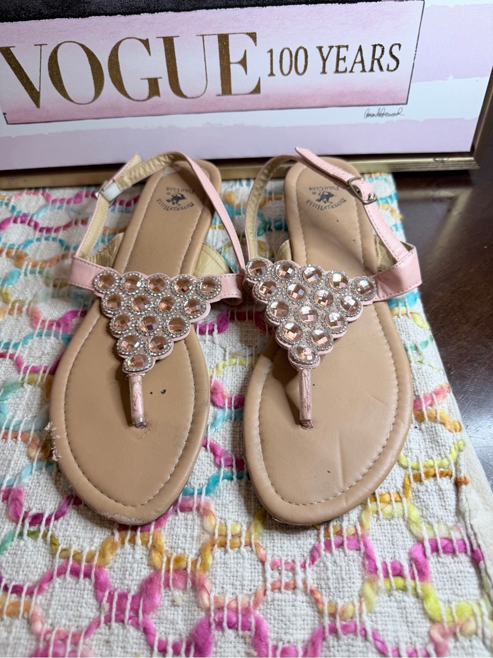 Embellished Pink T-Strap Sandals - Women's